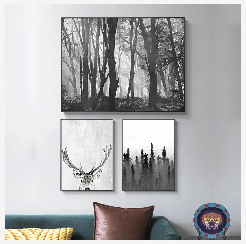 

Canvas Poster Nordic Wall Art Print Minimalist Painting Living Room Picture Scandinavian Forest Deer Eagle Black White Landscape