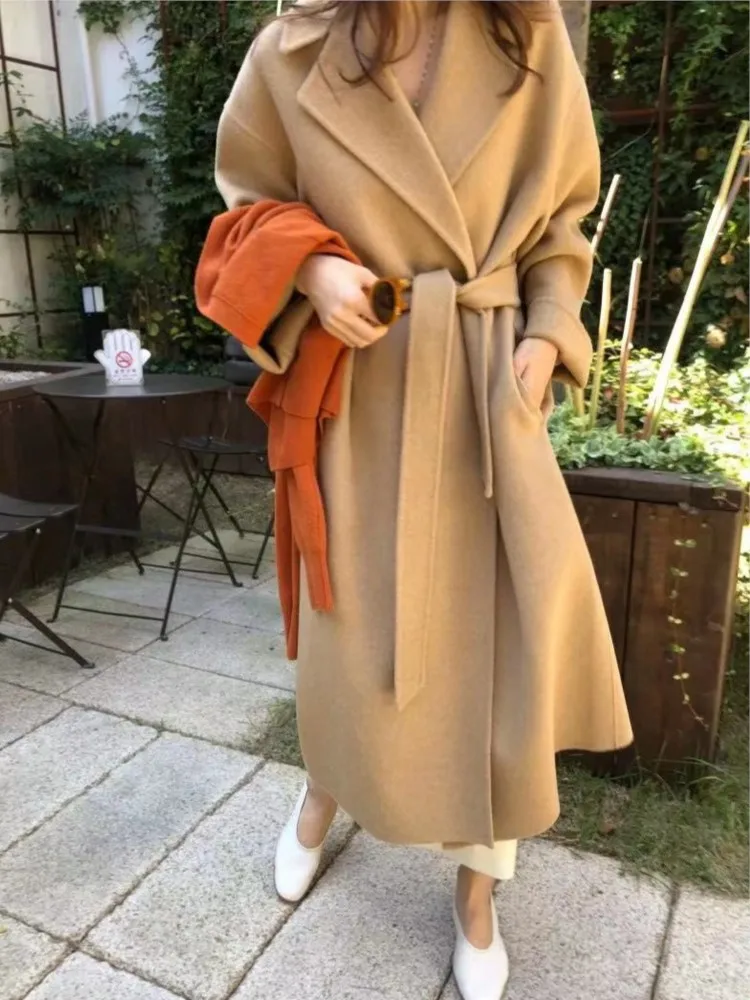 

Winter New Women Elegant Casual Long Woolen Coat With Belt Solid Color Chic Outerwear Office Ladies Overcoat