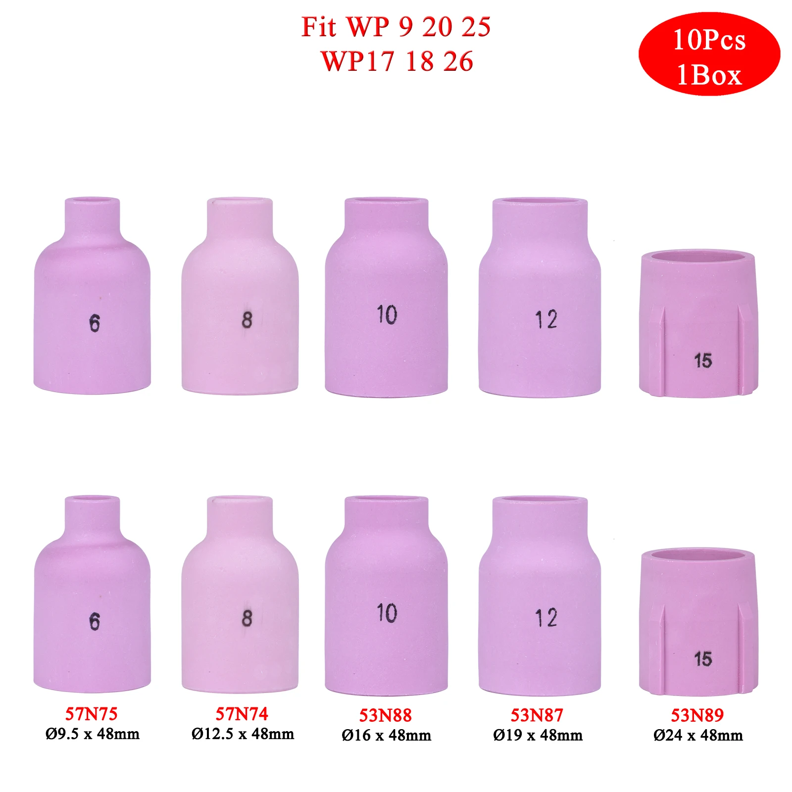 10 шт. в коробке 48/34 мм 57N74 57N75 53N87 53N88 53N89 алюминиевые сопла для TIG WP9 20 WP17 18 26 Сварочная горелка керамические аксессуары