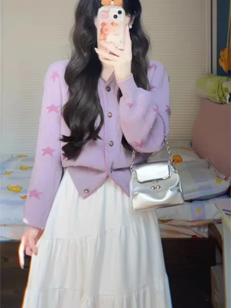 Корейский модный кардиган с пятиконечной звездой жаккардовые однобортные