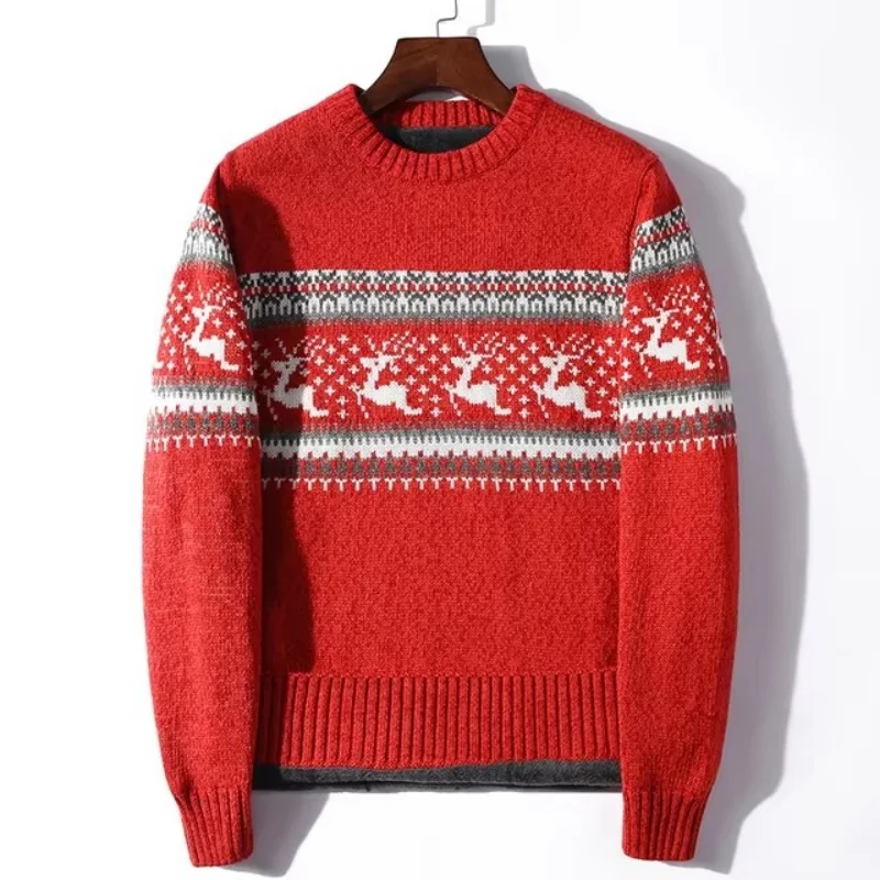 Jacquard Deer Christmas Knitted Sweater Men Red Thick Fleece Wool Men's Jumpers Pullovers Coats Winter Male Clothing