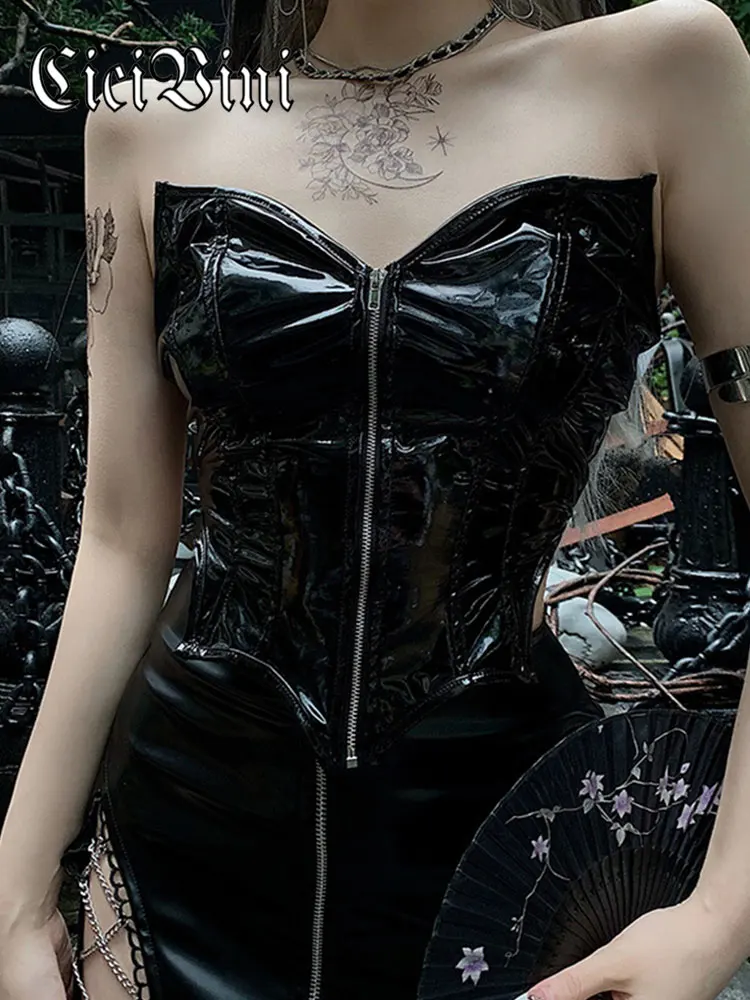 

CiciVini Pu Gothic Backless Tube Tank Y2K Fairy Grunge Strapless Black Top Zipper Corset Harajuku Punk Party Club Clothes