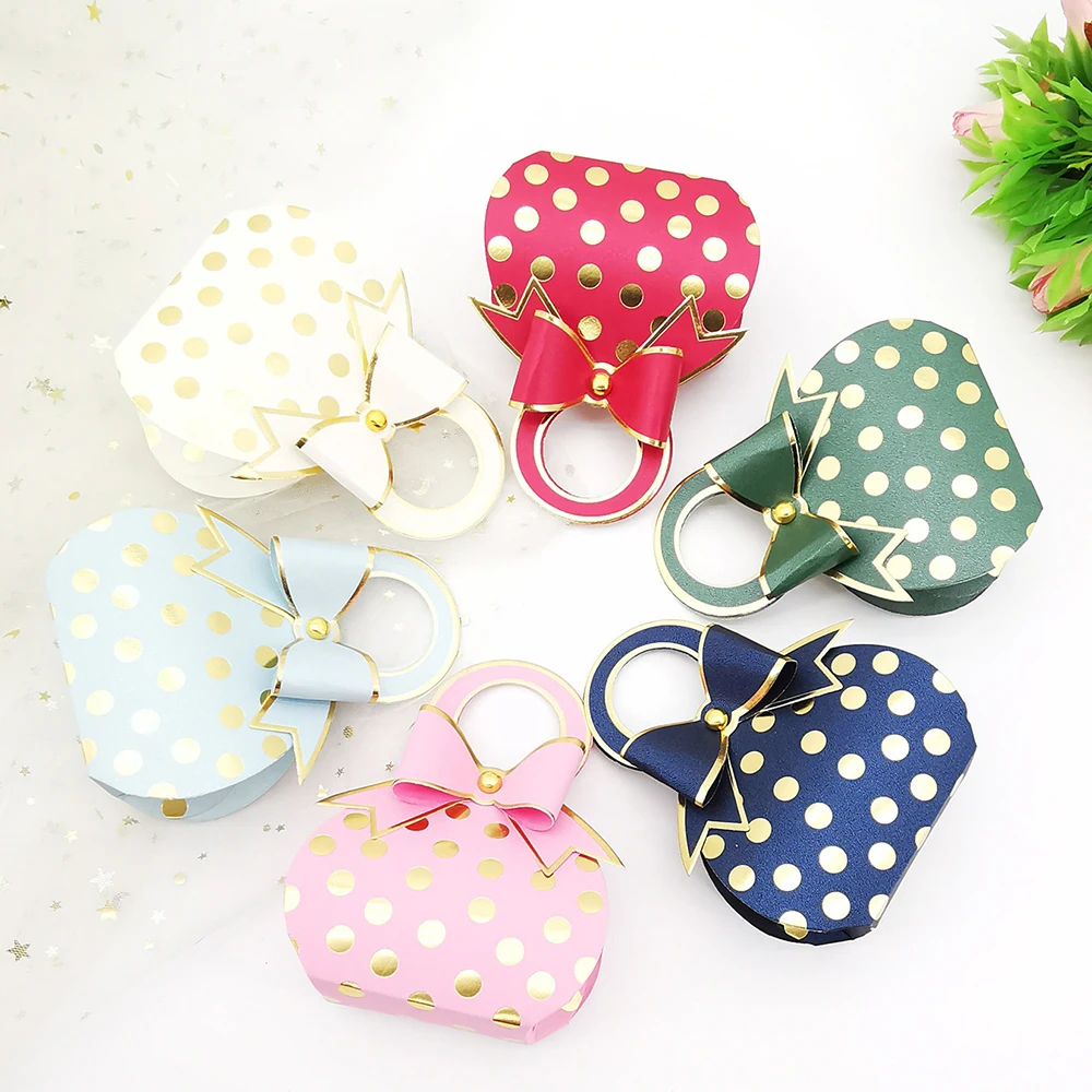 

10Pcs Cute Bronzing Hand Bag Dot Candy Gift Box Baby Shower Wedding Dragee Favor Box Chocolate Paper Packaging Wrapping Supplies