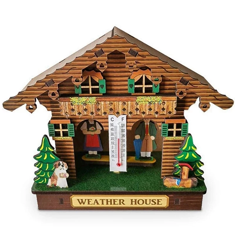 

2X Weather House Forest Weather House With Man And Woman Wood Chalet Barometer Thermometer And Hygrometer