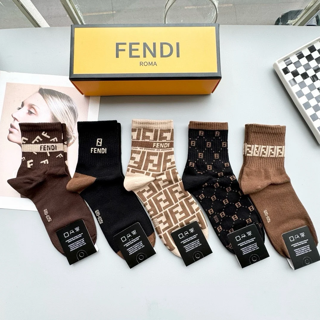 Носки Fendi 5 пар дышащие Носки мужские женские хлопковые мягкие впитывающие пот