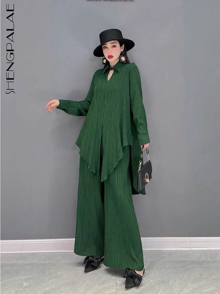 

SHENGPALAE 2022 осень лето новая модная Повседневная рубашка с длинными рукавами и лацканами + широкие брюки женские комплекты из двух предметов ...