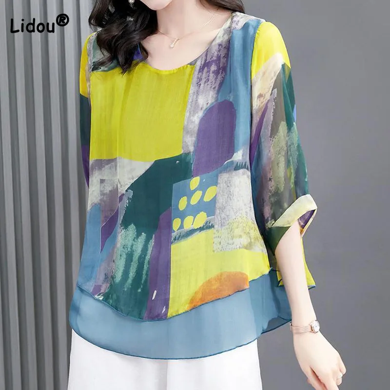 

Fashion Elegant Short Sleeve Printing Chiffon T-shirt Women's Clothing 2023 Summer Loose Vintage Round Neck Tops for Female