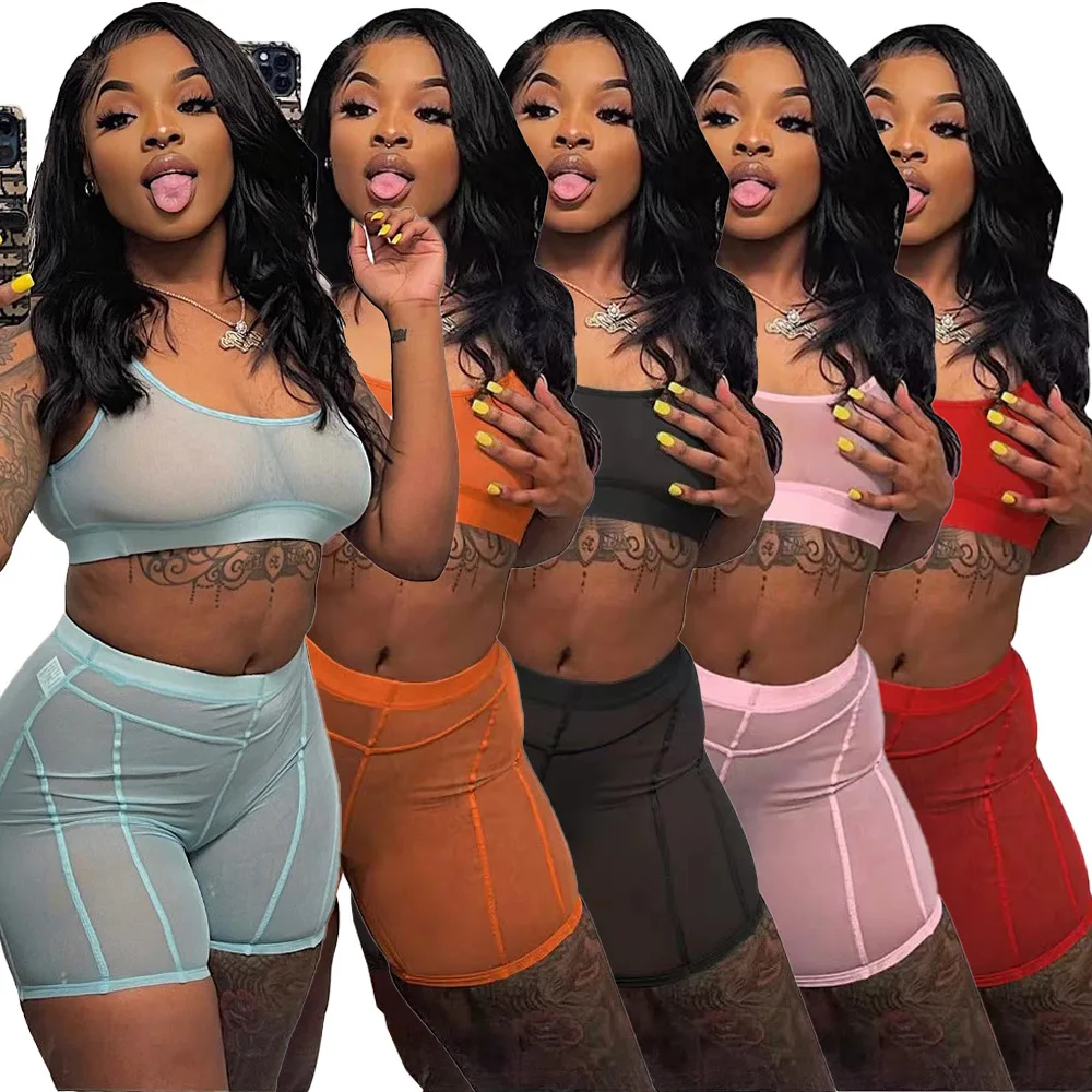 

Sexy Mesh Crop Top Two Piece Shorts Pants Set Women Summer Outfits Y2K Tops Streetwear Tracksuits 2 Piece Outfi Woman Clothes