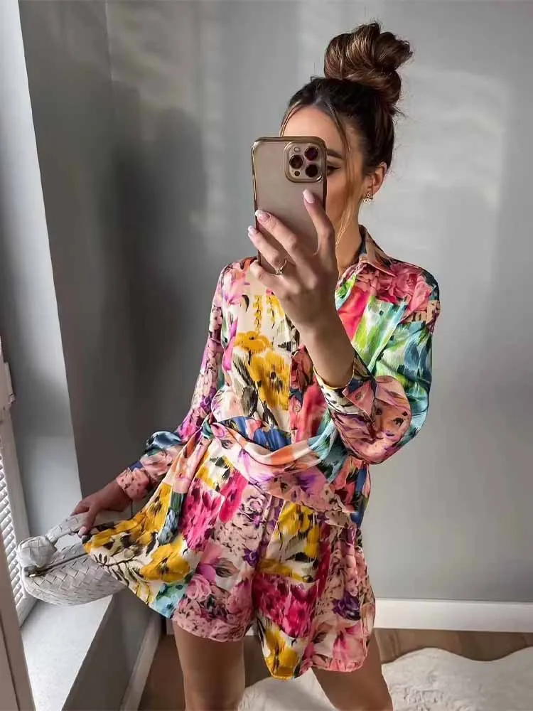 

BSK&ZA&TRF Women New Chic Fashion Knot decoration Splicing Print Jumpsuit Vintage Long Sleeve Female Playsuits Mujer 3114/225