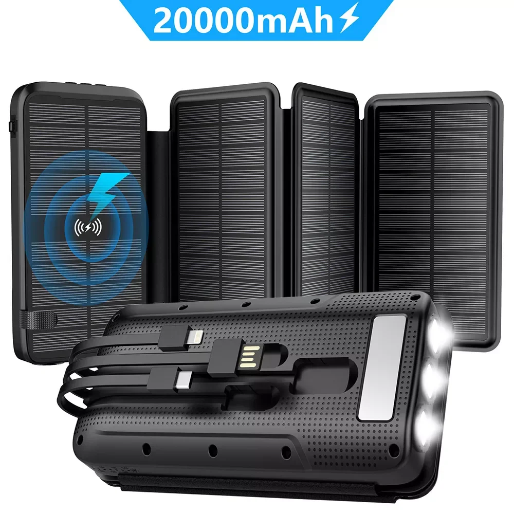 

NEW PINZHENG 20000mAh 10W Wireless Charger Solar Power Bank 20W Fast Charge Powerbank With Three Cables For iPhone Power Bank