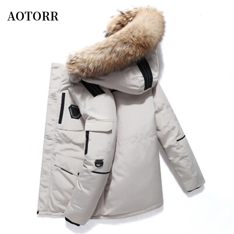 

Men Winter Down Coat Mens Casual Thick Warm Hooded Mid-length Coats White Duck Down Windbreaker Jackets Overcoat Hat Detachable