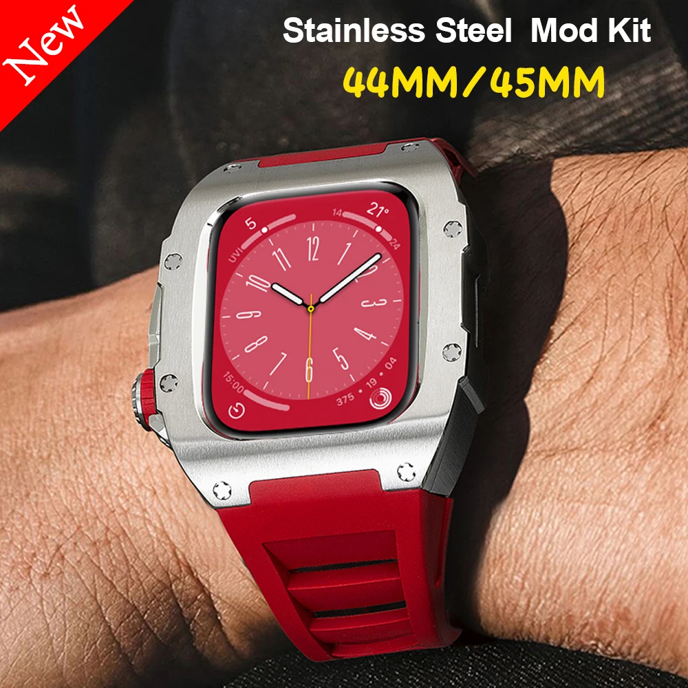 

Modification Kit Metal Cover For Apple Watch Series 8 7 6 54 44 45mm Men Case for iWatch Series SE Luxury Rubber Steel Frame Set
