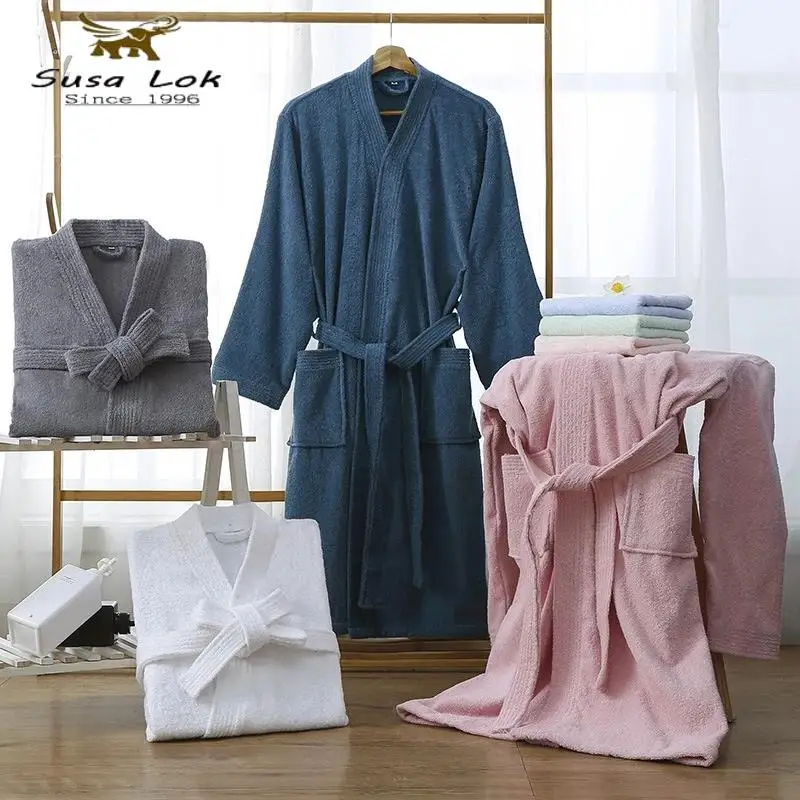 

Women Towel Bathrobe 100%Cotton Long Thick Absorbent Terry Bath Robe Kimono Men LightWeight Waffle Solid Dressing Gown Sleepwear