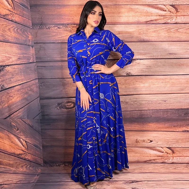 Muslim Hijab Shirt Dress Dubai Abayas for Women Chain Print Long Sleeve Button Islam Casual Turkey Arabic Abaya Jalabiya Kaftan