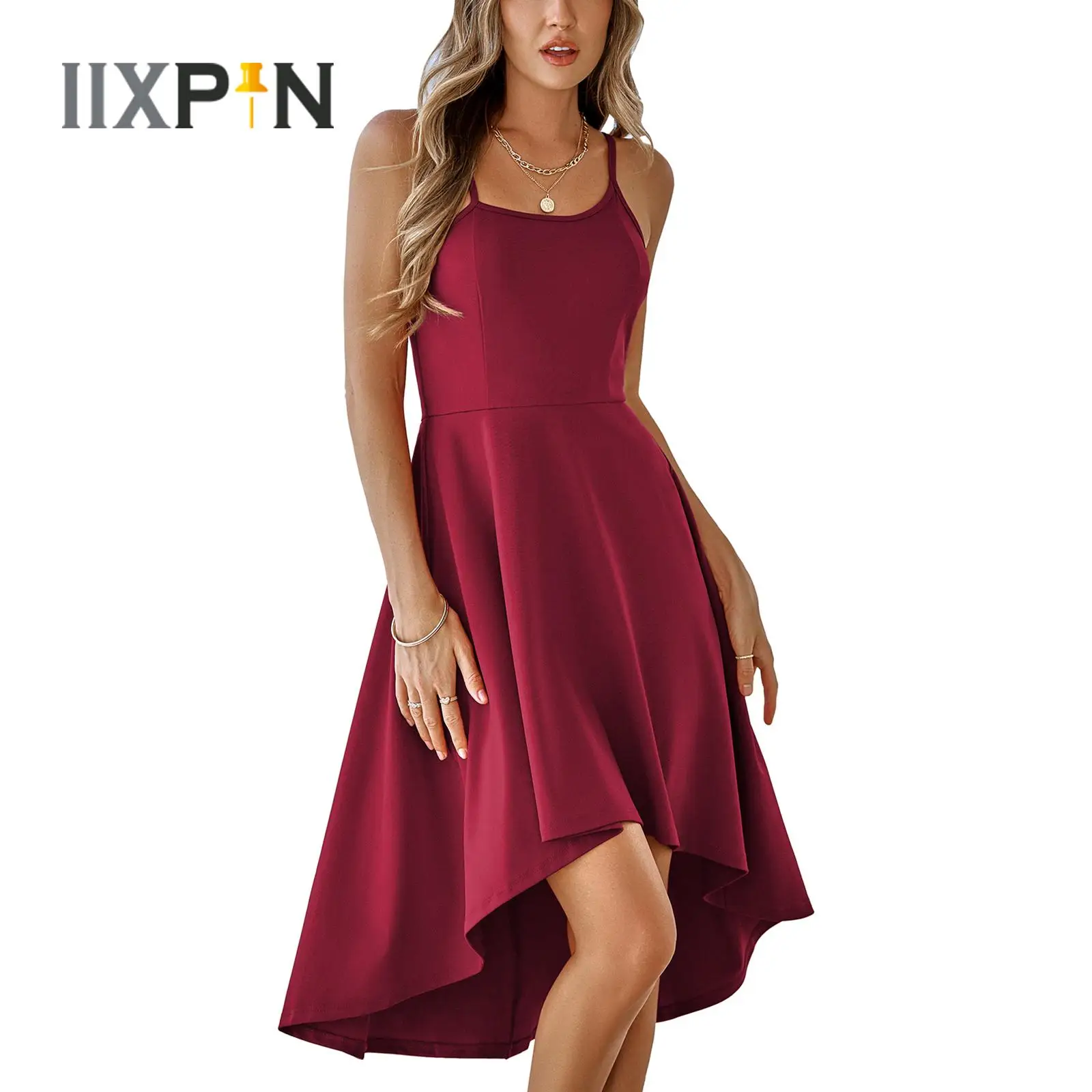 

Womens Summer Dress Elegant Evening Wedding Party Guest Dresses Spaghetti Straps Asymmetrical Hem Ruffled Long Dress 2023 New