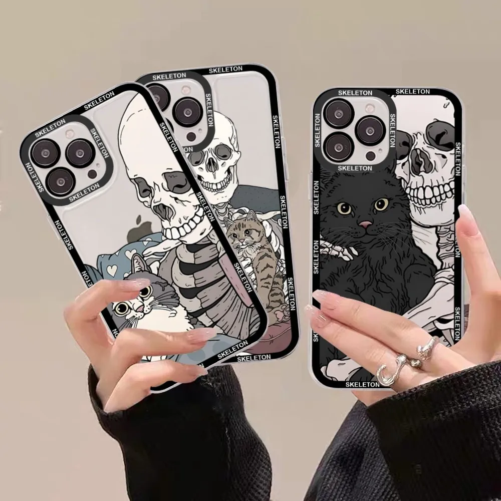

Skeleton Cat Painted Phone Case For iPhone 15 11 12 13 14 Mini Pro Max XR X XS TPU Clear Case