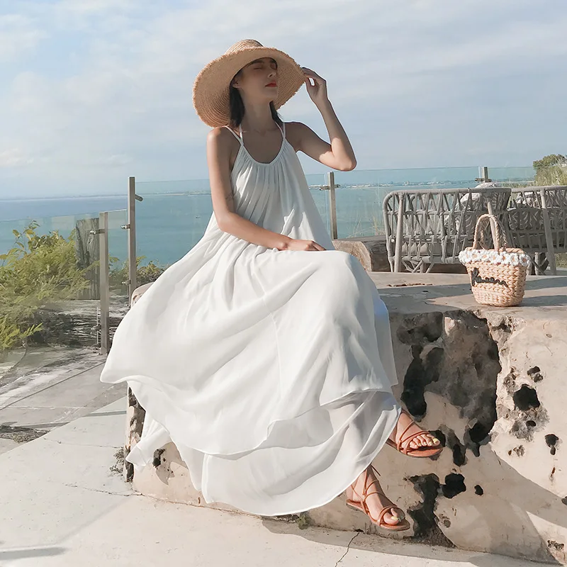 

Summer Long White Sleeveless Backless Chiffon Beach Dress Women Sexy Casual Loose Holiday Irregular Spaghetti Strap Maxi Dress