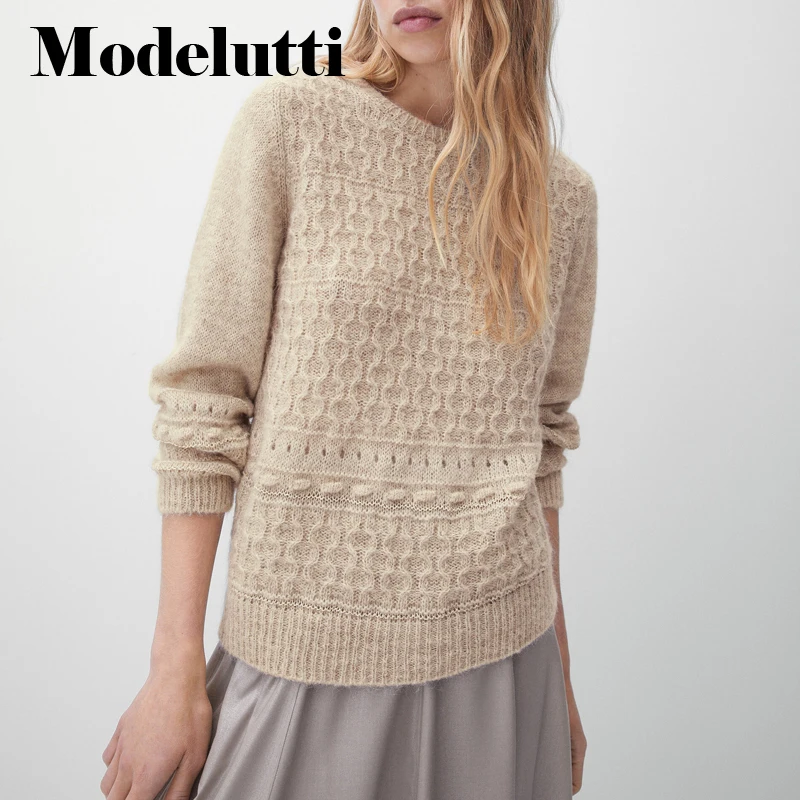 

Modelutti 2022 Spring Autumn Fashion Long Sleeve Metallic Thread Knit Round Neck Sweater Solid Color Simple Casual Top Women