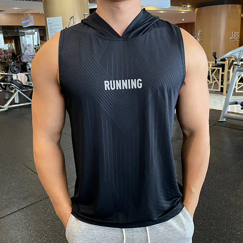 

Men Running Vest hooed New Summer Gym Workout Sleeveless Shirt Ice silk Fitness Bodybuilding Tank Tops elastic Training hood Top