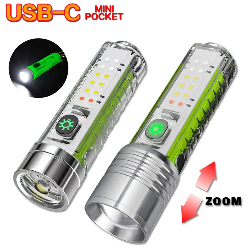 

Multifunction MINI Keychain LED Flashlight USB C Rechargeable Pocket Torch Portable Magnetic Camping UV Light Self-defense Lamp