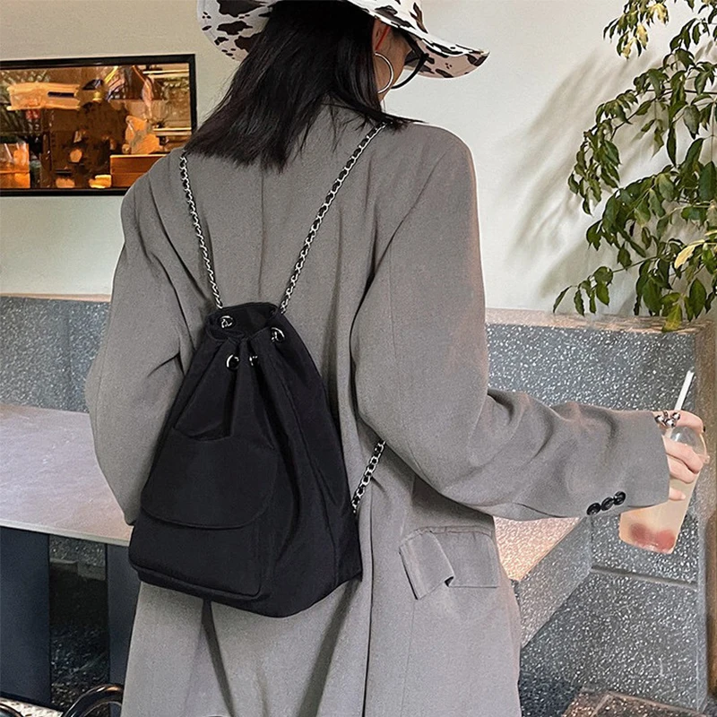 Black Design Fashion Backpack for Women 2022 Spring and Summer Casual Travel Drawstring Chain Bucket Bags Girls Nylon Back Packs