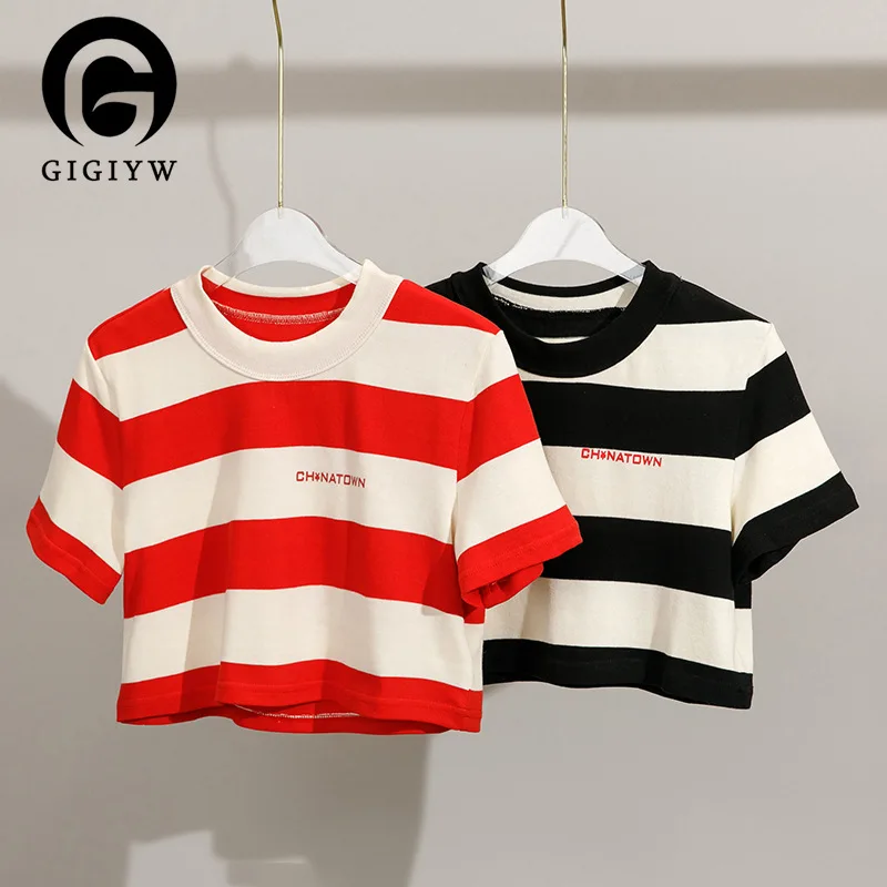 

Женская футболка в полоску GIGIYW, из хлопка и льна, с коротким рукавом, весна-лето, 2022