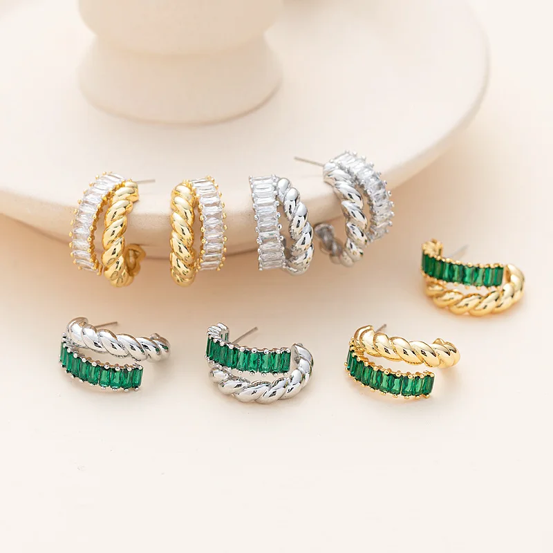 

LONDANY earrings fashionable metal fried dough twist pattern zircon 925 silver needle vintage earrings female earrings