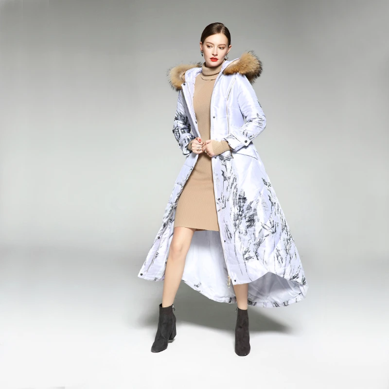 

RosEvans Xlong Luxury New Winter Women Real Fur Hooded Printing Coat Warm Fashion Slim Jacket Female Parka Cotton-pad Outerwear