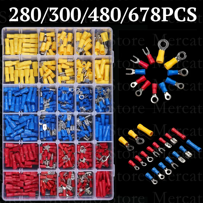 

280/300/480/678PCS Insulated Spade Butt Ring Fork Wire Crimp Cable Connector Set Electrical Ring Lugs Rolled Wire Terminals Kit