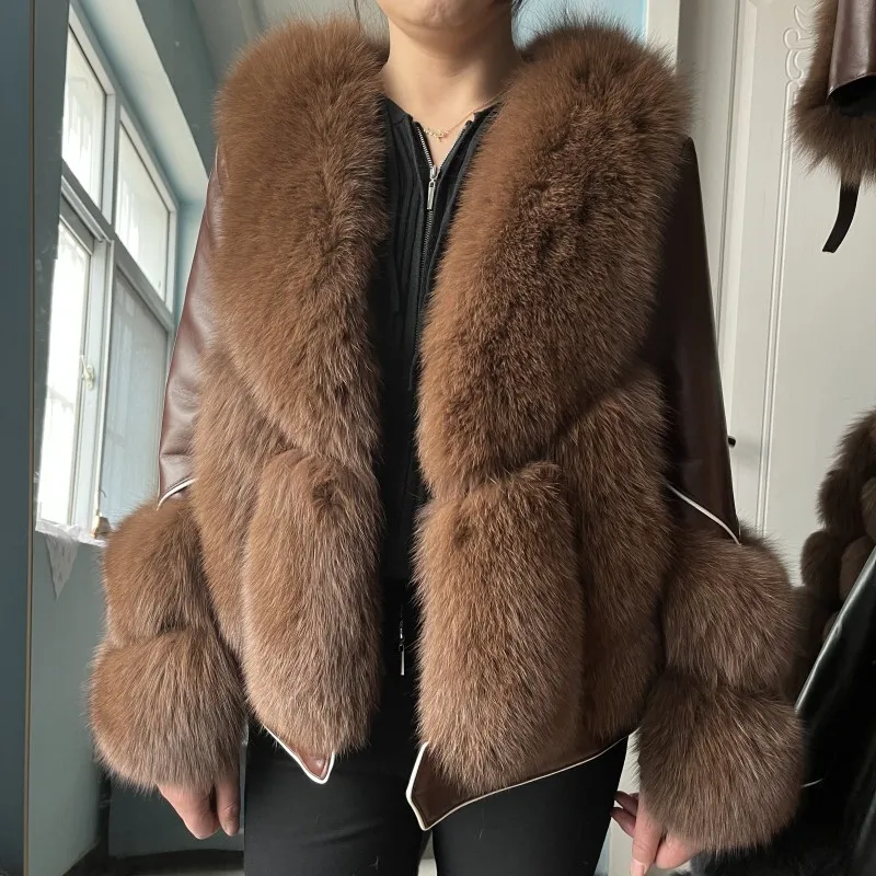 

Women's Real Fox Fur and Lambskin Motorcycle Fashion Trend Autumn and Winter New Sales Promotion Jacket Leather and Fur overcoat