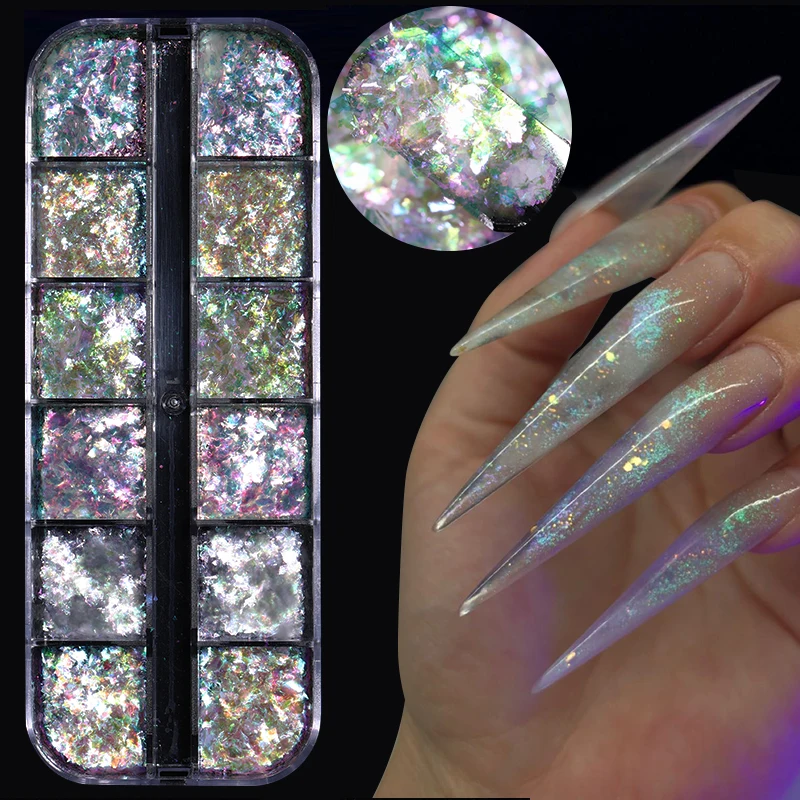 

12 Grids/Box Aurora Nail Glitter Sequins Crystal Fire Flakes Sparkle Nail Flakes Charms Gel Polish Manicure Nail Art Decoration