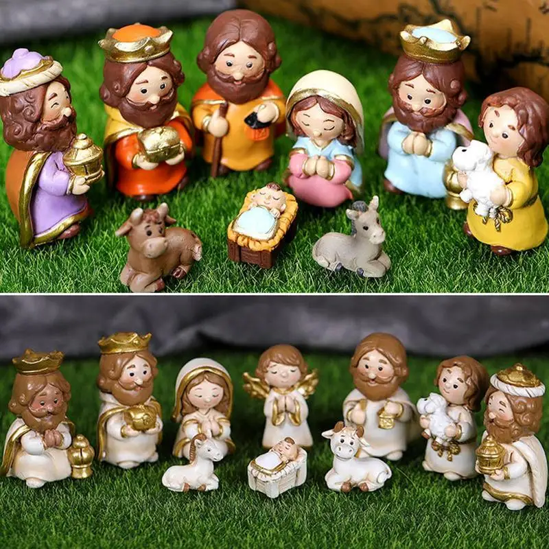 

10pcs Christmas Ornaments Decor Nativity Scene Set Resin Holy Family Nativity Figurine Set Jesus Figurines Tabletop Decoration
