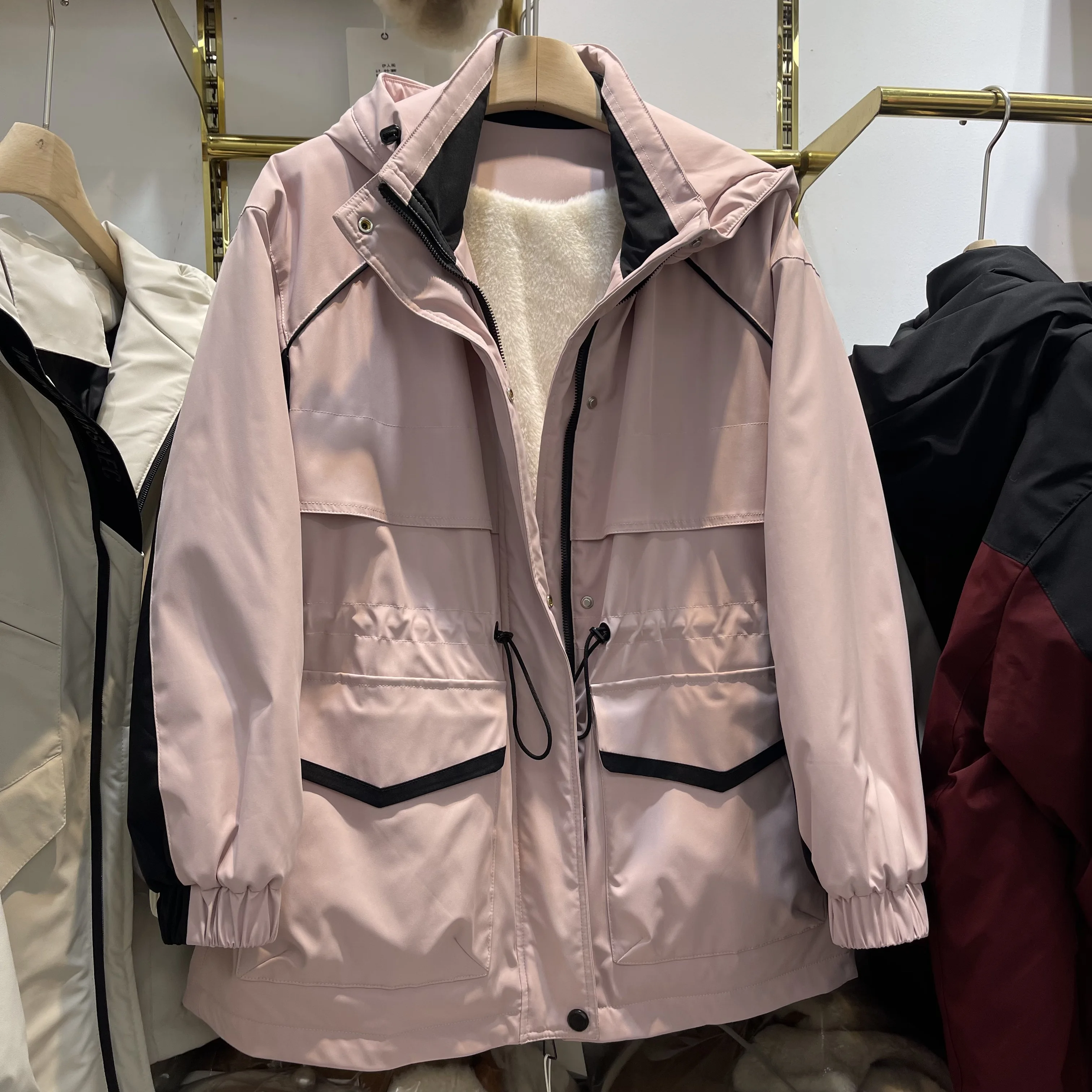 Mid-Length Hood Embroidery Fleece-lined Thickened Trench coat Outerwear Women 2024 Winter New Western Sle Waist Hugging Sli...