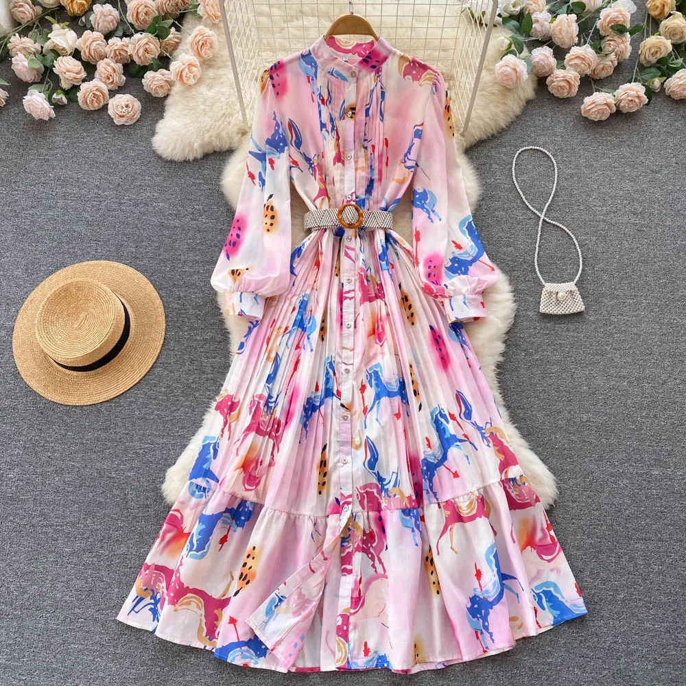 

VANOVICH Summer New French Style Temperament Dress Women's Belt Waist Slim Stand Collar Fashion Print Long Single Breasted Dress