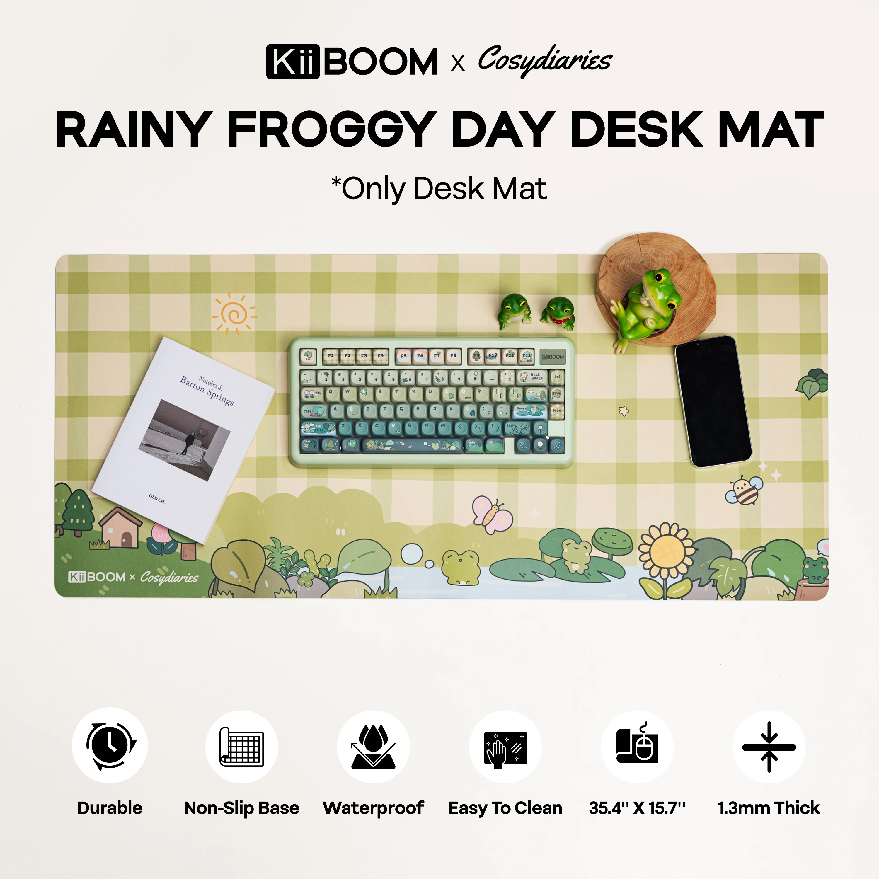 Фото KiiBOOM X Cosydiaries Rainy Froggy Day настольный коврик 35,4 x 15,7 дюйма из искусственной кожи игровой и офисный коврик для клавиатуры/мыши/ноутбука №2