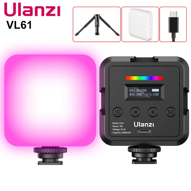 Ulanzi VL61 8W Mini RGB Video Light con diffusore 3W 2500K-8500K Smartphone DSLR SLR Camera LED Video Light Muliticolor Vlog