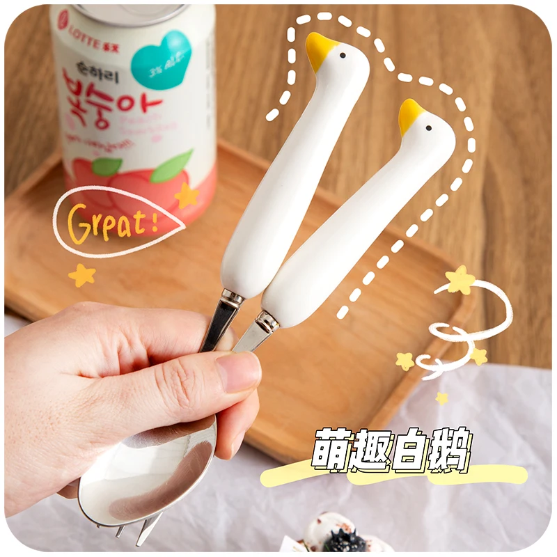 Kawaii Duck Spoon Fork Cutlery Set For Kids School Cute  Stainless Steel Tableware Korean Portable Travel Kitchen Utensils