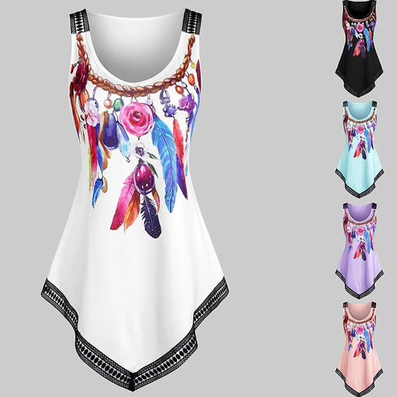 

Tank Top Women Sleeveless Shirts Feather Print Tanks Casual Ladies Bohemain Style Casual Long Vest Tops Sexy Women Clothing