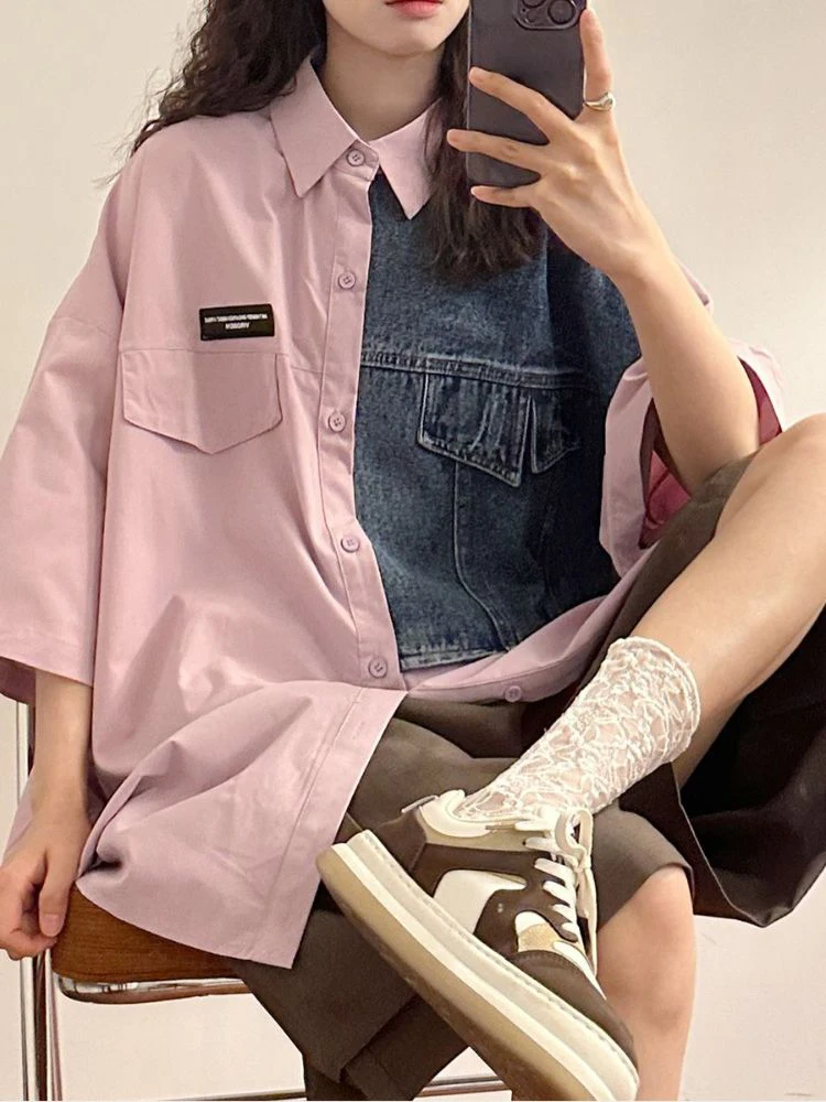 

Women's Y2k Aesthetic Fashion Woman Blouses Contrast Color Harajuku Vintage Blusas Female Streetwear Short Sleeve Tops Clothing