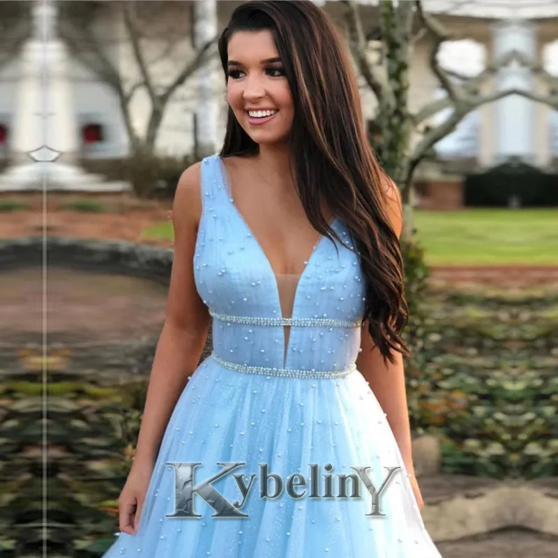 

Kybeliny Blue V-Neck Peals Evening Dresses Aline Tulle Prom Robe De Soiree Graduation Celebrity Vestidos Fiesta Women Formal