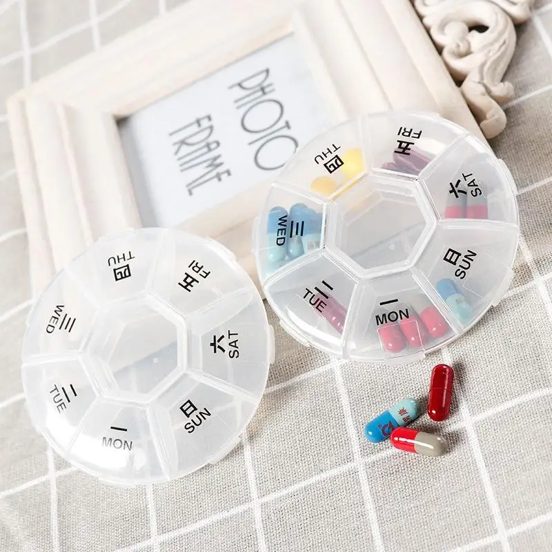 

Pill Box 7 Slots Round Daily Weekly Tablet Pill Case Splitter Medicine Pil Case Geneeskunde Houder Organizer Dispenser