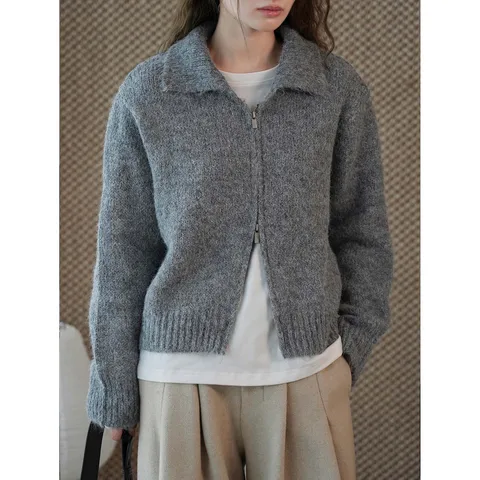 HanOrange 2025 женский шерстяной кардиган абрикосовый/темно-серый