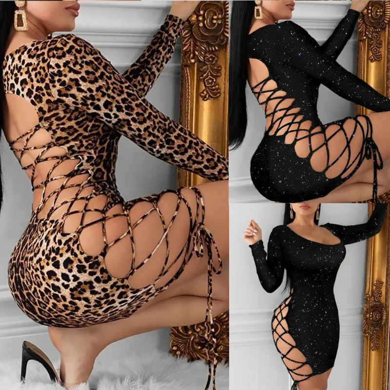 

2022 Fashion Women Leopard Bodycon Sexy Mini Dress Long Sleeve Bandage Hollow Out Evening Party Club Ladies Dresses