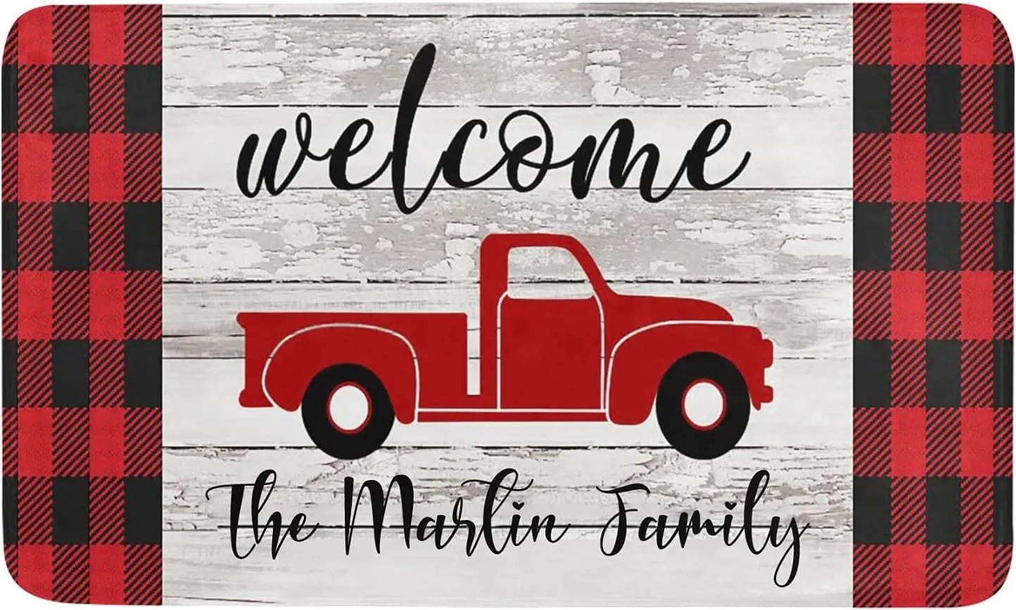 

Красный Винтажный Грузовик, персонализированный дверной коврик с текстом и именем на заказ, комнатный и уличный коврик для домашних животн...