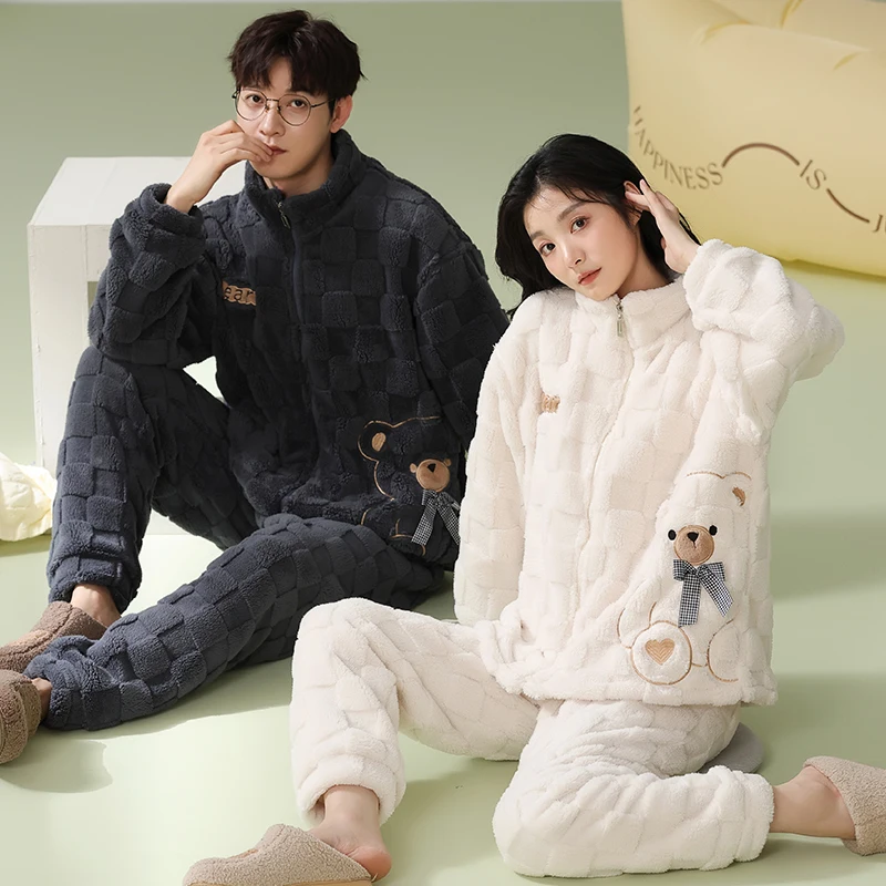  Coral Fleece Couple Pajamas Men's Winter Thickened Warm Homewear 2024 New Women plus Velvet