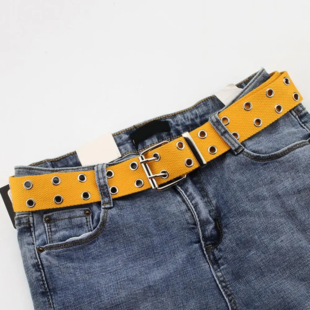 

Women Men Belt Double Breasted Holes Adjustable Unisex Waistband Canvas Metal Closure Skinny Waist Belt
