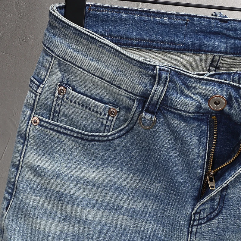 Summer Vintage Fashion Men Jeans Retro Washed Blue Elastic Embossed Designer Short Jeans Homme Street Hip Hop Denim Shorts Men