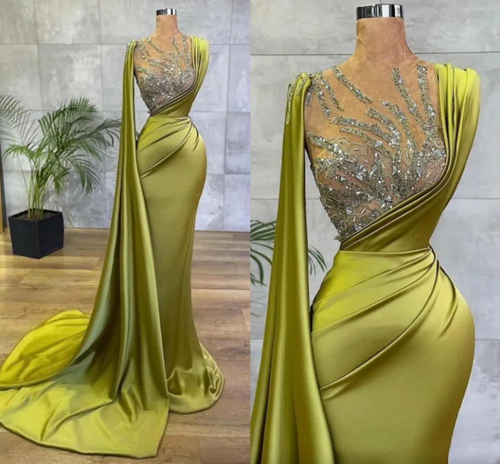 

Sexy Mermaid Prom Party Gown Jewel Floor-Length Sweep Train Crystal Beaded Applique Sequins Satin long Illusion Custom