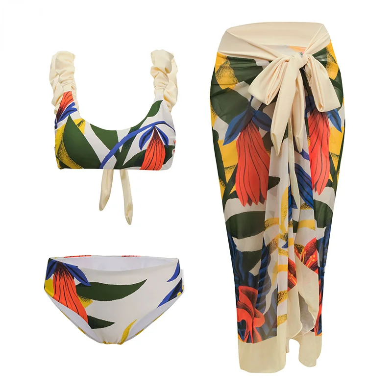 Женский раздельный купальник с рюшами и цветочным принтом в стиле бохо