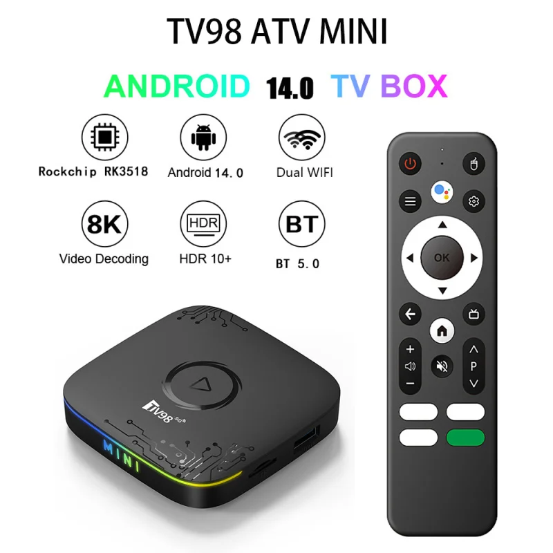 Фото TV98 ATV mini TV Box HD 8K 4K Android 14 Dual WiFi 4G 5G Set Top Box Rockchip RK3518 Голосовой удаленный умный медиаплеер IPTV №1